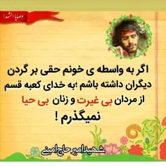 اگر به واسطه‌ی خونم حقی بر گردن دیگران داشته باشم به خدای کعبه قسم از مردان بی غیرت و زنان بی حیا نمیگذرم!

شهید امیر حاج امینی
