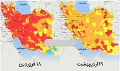 ▪️سمت چپ: نقشه رنگ بندی وضعیت کرونای شهرهای ایران با 193ف