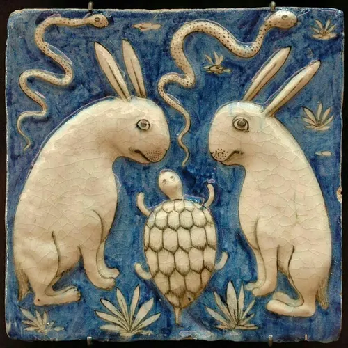 کاشی لعاب دار با نقش مار، خرگوش و لاک پشت به عنوان نگاره 