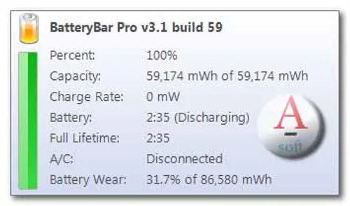 BatteryBar Pro 3.6.1 هنگامی که لپ تاپ ها با باطری داخلی خ