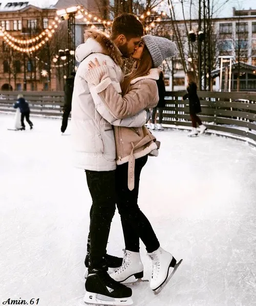 winter girl and boy kiss