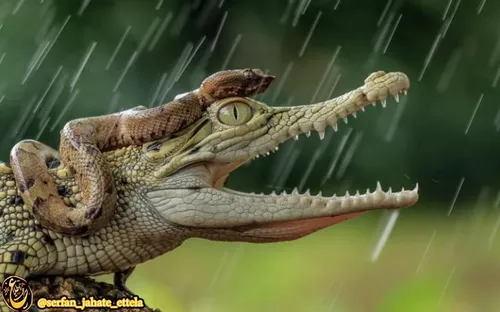 دریک هوای بارانی افعی بر پشت بچه تمساح نشسته . . . اندونز