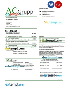 Estonia AC Grupp OÜ electricity utility expense template in Word and PDF format