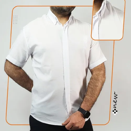 🔸 پیراهن مردانه آستین کوتاه سفید ساده دکمه مخفی مدل 1488