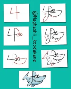 آموزش مرحله به مرحله #نقاشی کوسه به کمک عدد 4 برای کودکان