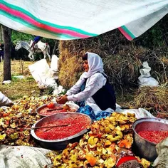 A villager seeds pomegranates to make pomegranate paste. 