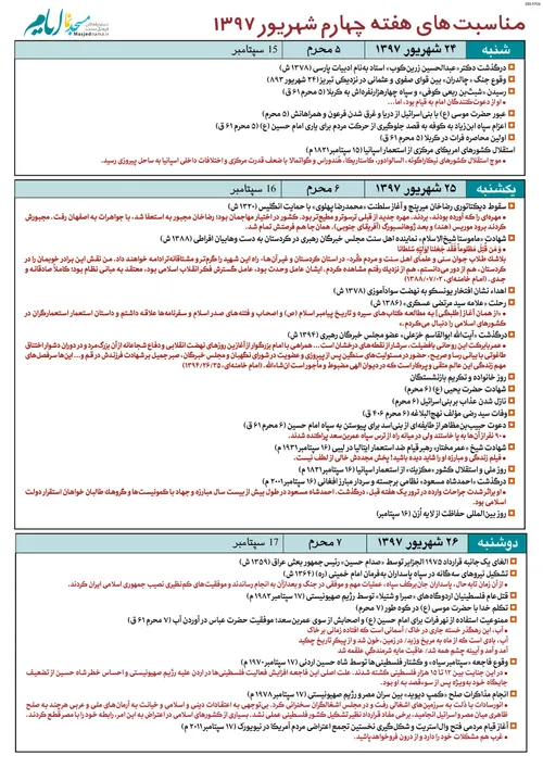 مناسبت های هفته چهارم شهریور 97 | به ترتیب روزها و رویداد