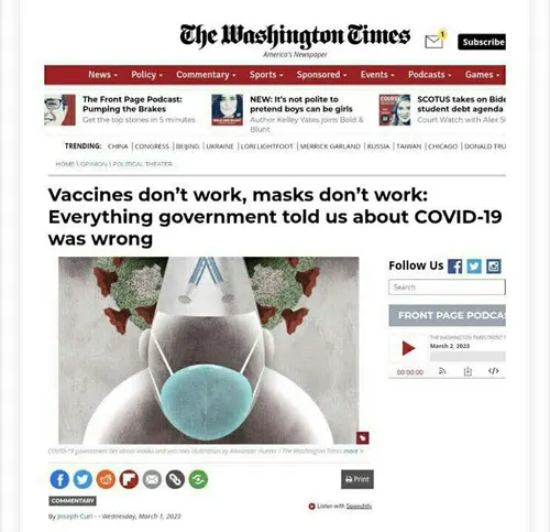 🔴 واشنگتن تایمز نوشت : " واکسن ها کار نمی کنند، ماسک ها ک
