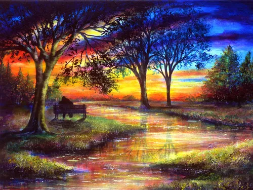 landscape love painting sunset trees water