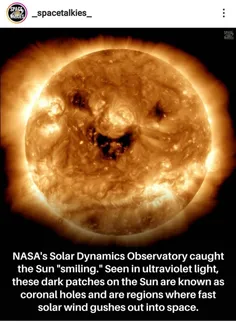توی عکس جدیدی که ناسا منتشر کرده 
خورشید داره بهمون لبخند میزنه🙂