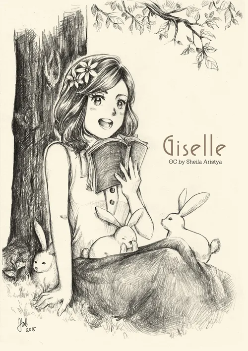 book bunny drawing flower girl pencil tree