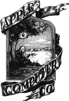 اولین لوگوی اپل حالت نشسته اسحاق نیوتون در زیر درخت سیب ب