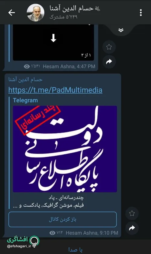تبلیغ کانال اطلاع رسانی دولت در تلگرام توسط مشاور رئیس جم
