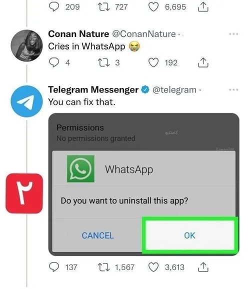 تلگرام مستقیم در اکانت توییتری اش گفت واتساپ را حذف کنید!