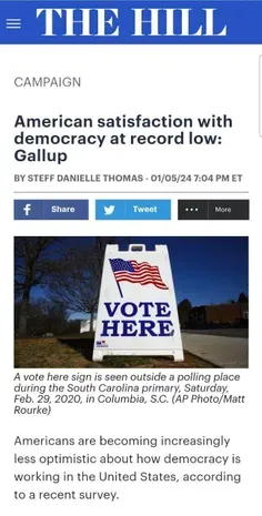 🔴 رضایت آمریکایی‌ها از دموکراسی به پایین ترین سطح خود رسیده