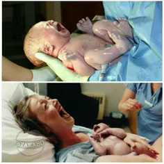 تصویری جالب از مادری بلافاصله پس از تولد نوزادش. او از ته