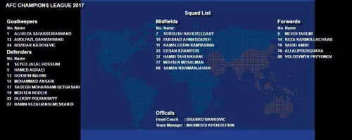 لیست بازیکنان پرسپولیس در جام باشگاه های آسیا 2017