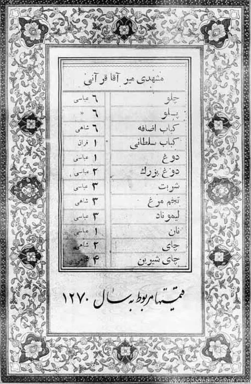 لیست قیمت غذاهای یک رستوران – سال ۱۲۷۰ ایران قدیم
