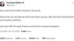 بایدن توییتی زده و گفته تهدید اول کودکان آمریکایی اسلحه ا