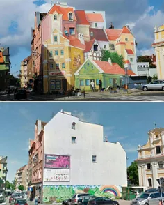 تصویری زیبا از قبل و بعد از دیوار نگاری بر روی یک ساختمان