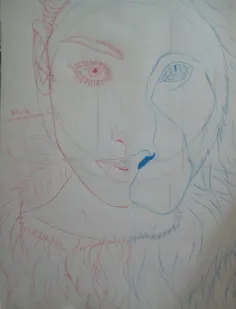 طراحی چهره از انسان وشیر با مداد رنگی