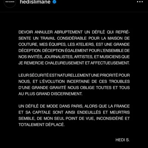 ـ Hedi Slimane طی انتشار پستی در اینستاگرامش خبر داد که ف