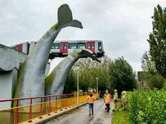 قطار خارج شده از ريل که به مجسمه دم نهنگ گير کرد و نجات پ