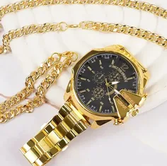 🎁 ست ساعت مچی مردانه طلایی صفحه مشکی مدل U700 + دستبند و 