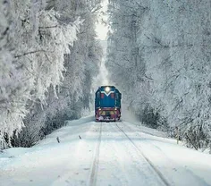 عبور قطار از جنگل های یخ زده مسکو، روسیه