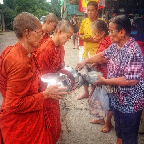 Bhikkhunis or female monks receive alms (donated food and