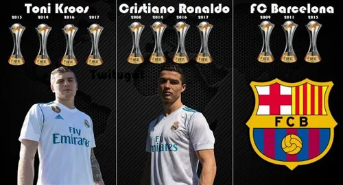 مقایسه قهرمانی های بارسلونا با رونالدو و کروس در جام باشگ