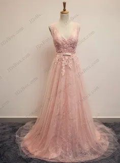 Item: PD16016 Pink blush v neckline tulle long prom eveni