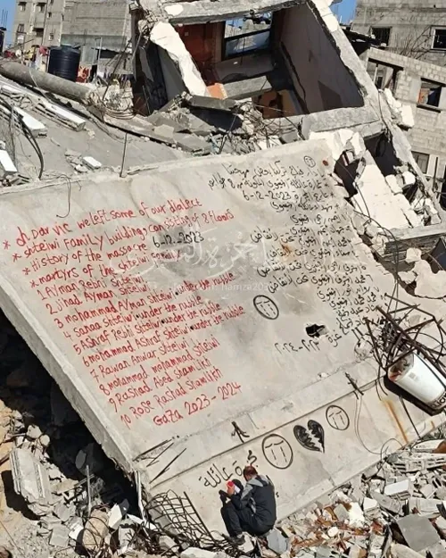 A Palestinian writes the names of his family members stil