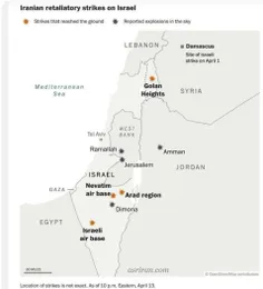 نقشه‌‌ واشنگتن پست از نقاطی در اسرائیل که شب گذشته ایران 