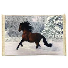 تابلو فرش طرح تک اسب در برف | تابلو فرش حیوانات کد 09004