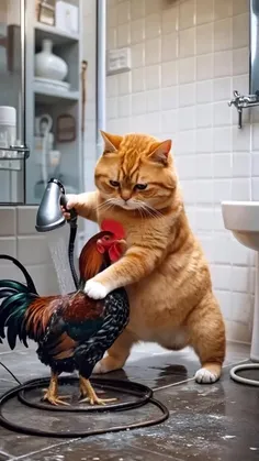 رسیدگی گربه به خروس و سپس خوردنش 