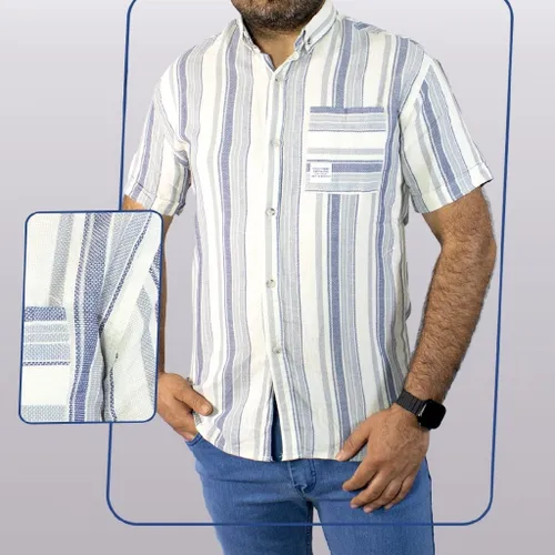🔸 پیراهن مردانه آستین کوتاه کنف آبی سفید مدل 1493
