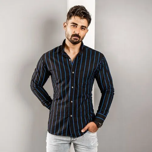 پیراهن مردانه آبی راه راه مدل Melvi