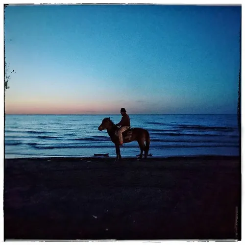 A man with his horse near the waters of the Caspian Sea o