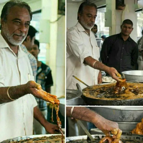 آشپز هندی به نام پریم سینگ که برای آشپزی دستش را داخل روغ