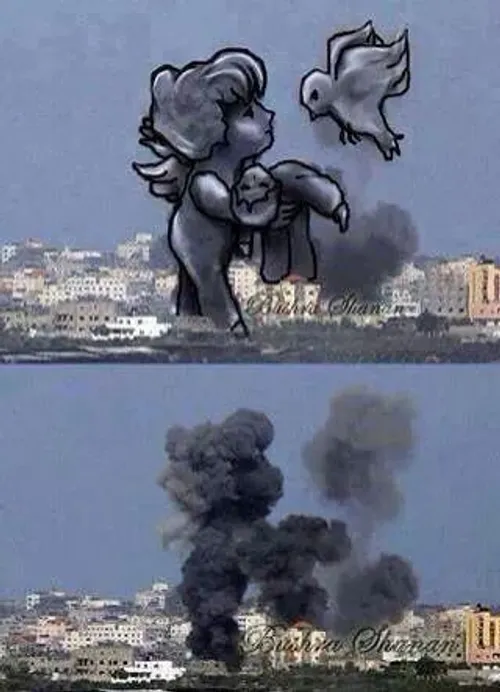تصویر پایبن عکسی از بمباران غزه هستش که نقاشی به شکل بالا