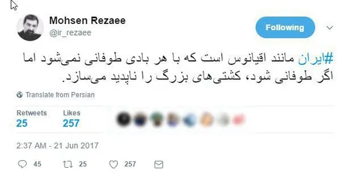 محسن رضایی در توئیتر: «ایران مانند اقیانوس است که با هر ب