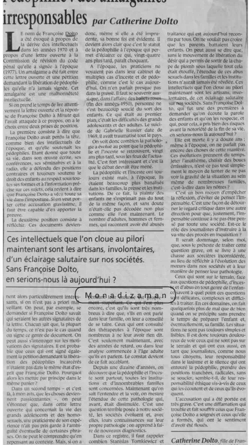 🧨 این تصویر، بخشی از آرشیو روزنامه Dolto فرانسه به تاریخ ۲۳ ماه مه ۱۹۷۷ است که خبر انتشار نامه سرگشاده ده ها روشنفکر غربی خطاب به پارلمان فرانسه را منتشر کرد.