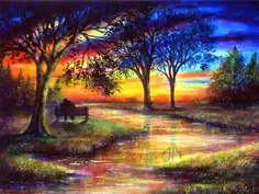 #landscape #love #painting #sunset #trees #water