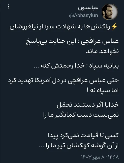 ⚡واکنش ها به شهادت سردار نیلفروشان