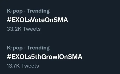 هشتگ EXOLs5thGrowlOnSMA و EXOLsVoteOnSMA در بخش کیپاپ و ت