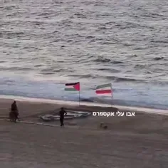 طراحی چهره سردار اسلام در سواحل غزه در کنار پرچم ایران و 
