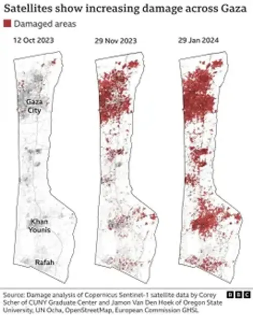 ❌️ نقشه ای از میزان خسارات و تخریب ساختمان های نوار غزه ا