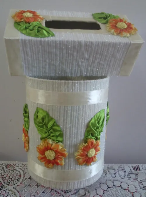 ست سطل و جای دستمال با گل روبان(کار خودم)