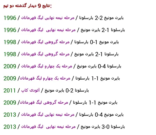 نتایج یازده دیدار بایرن و بارسا تا ۲۰۱۵ :